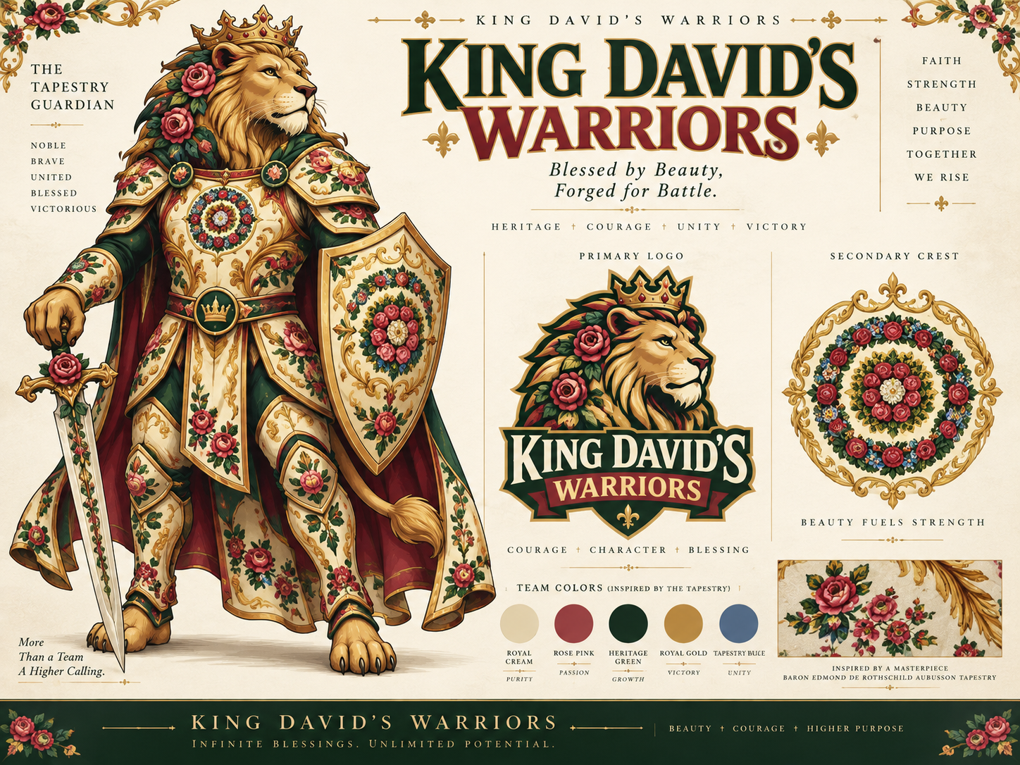 King David's Warriors crowned lion guardian, logo and tapestry-inspired floral crest