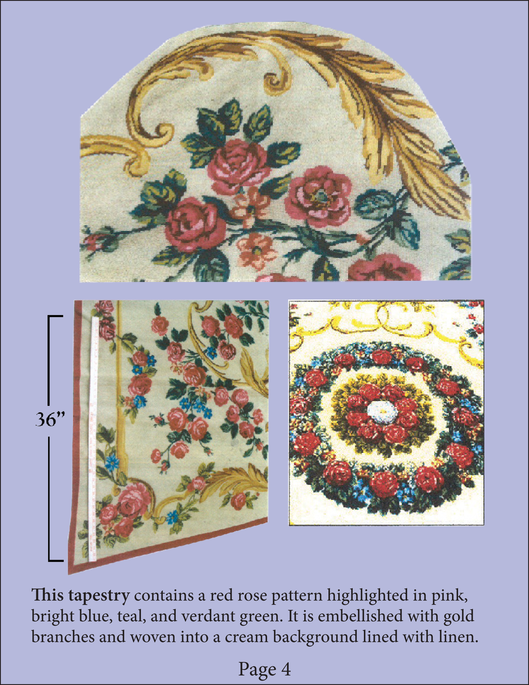 Close-up views of the tapestry's roses, central floral medallion and gold branches