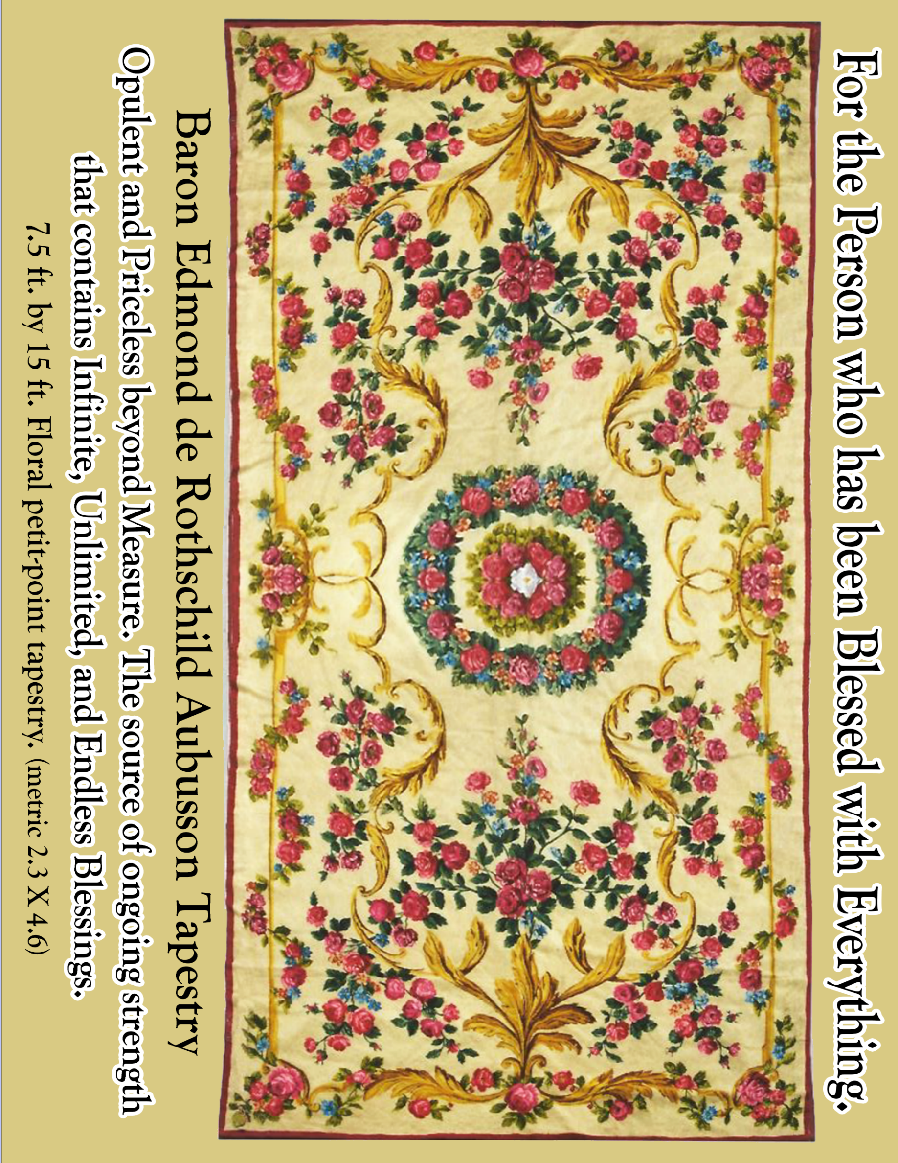 Full view of the cream, red, green, blue and gold floral tapestry